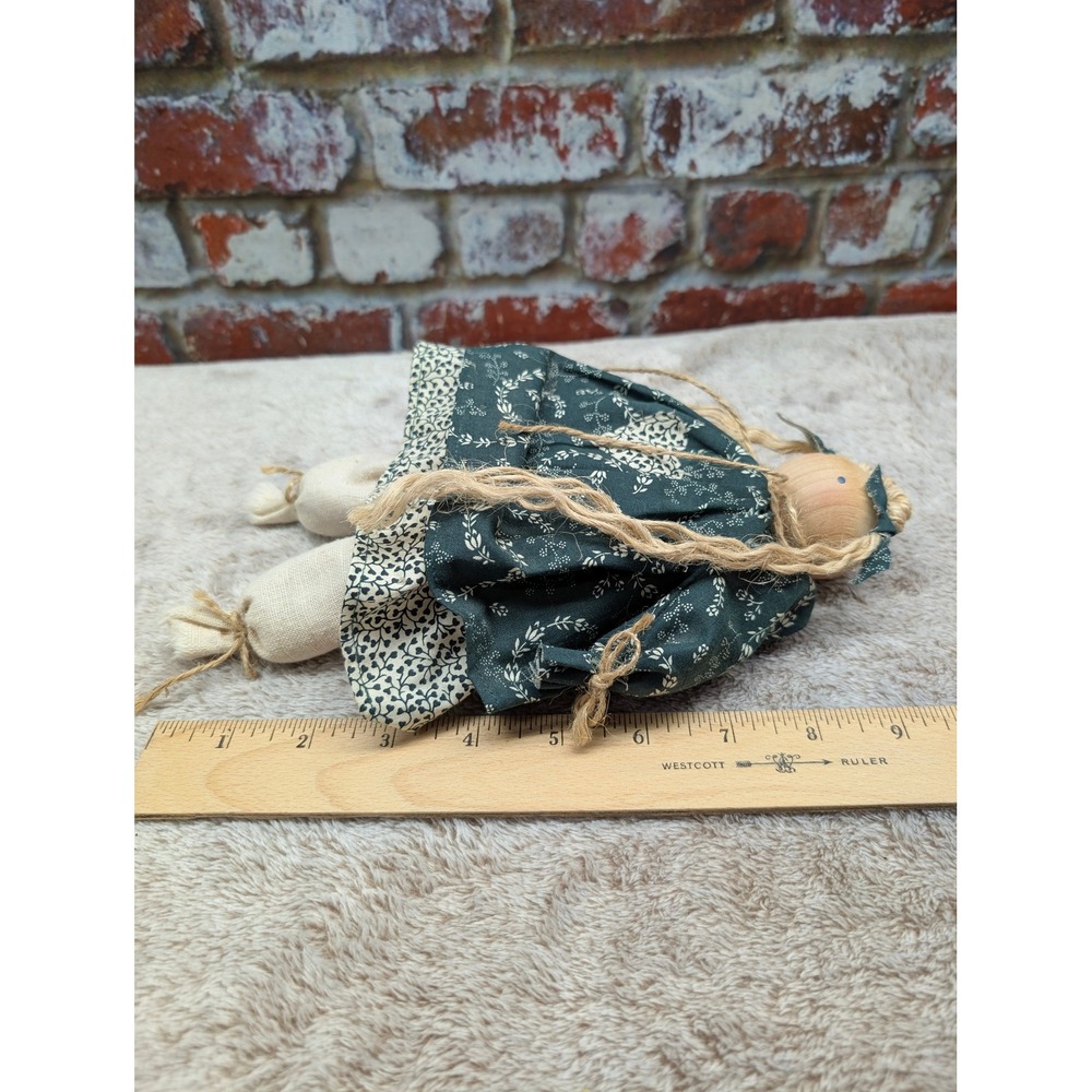 Handmade Primitive Bead Head Doll 80s Wood Block Body Shelf Sitter Green Dress - Picture 9 of 10